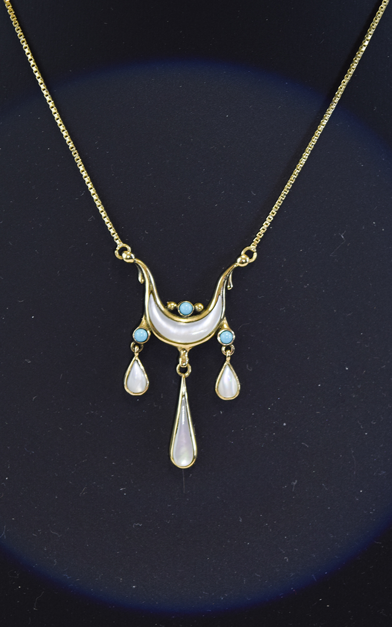 14ct Gold - Fine Quality Seed Pearl and Turquoise Set Pendant Drop,