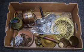 A Collection of Metal Ware, mixed lot comprising a gun powder copper flask,