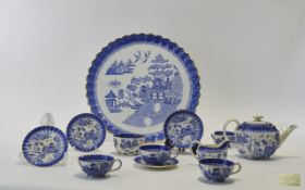 19thC Spode Mandarin Blue And White Tea Service 4 Cups & Saucers, Teapot Cream, Sugar And Tray,