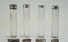 Victorian and Edwardian Ladies - Assorted Silver Topped Glass Tall Pin Jars ( 4 ) In Total.