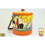 Clarice Cliff Hand Painted Lidded Biscuit Barrel ' Summer House ' Pattern. Fantasque Range. c.