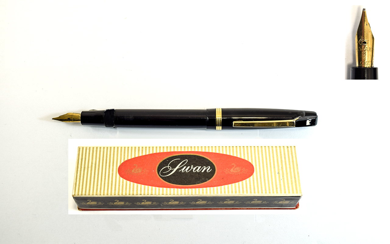 Swan Fountain Pen 14ct Gold Nib - 3 H Black Colour way, Swan Logo on Pocket Clip In White,