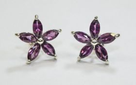 Pair of Rhodolite Garnet Flower Stud Earrings, five marquise cut rhodolite garnets to each flower,