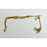 Victorian Gold Gilt Albertina Watch Chain With Clip, T Bar & 7 Strand Tassel, 31.