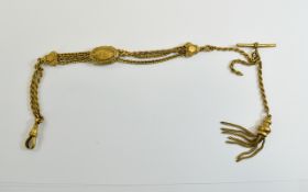 Victorian Gold Gilt Albertina Watch Chain With Clip, T Bar & 7 Strand Tassel, 31.