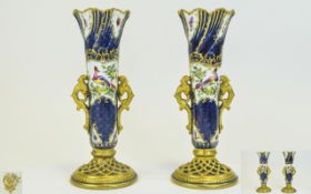 China Works - Worcester Hand Painted Quality Pair of Twin Handle Reticulated Vases. c.1880;s.