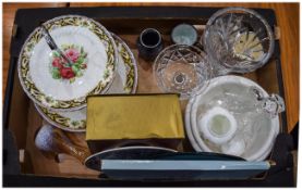 Box of Assorted Ceramics and Glass Ware including cake stand, Royal Crown Derby boxed item,