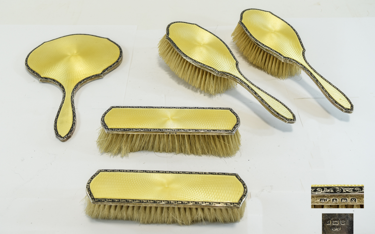 5 Piece Silver & Yellow Guilloche Enamel Vanity Set Comprising Mirror,