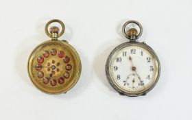 2 Ladies Pocket Watches One Silver With White Enamel Face, Gilt Decoration And Subsidiary Seconds,