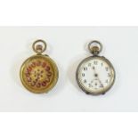 2 Ladies Pocket Watches One Silver With White Enamel Face, Gilt Decoration And Subsidiary Seconds,