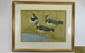 Rulston Gudgeon Scottish Artist 1910 - 1984 ' Lapwings by a Pond ' Watercolour. Signed, Mounted