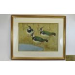 Rulston Gudgeon Scottish Artist 1910 - 1984 ' Lapwings by a Pond ' Watercolour. Signed, Mounted