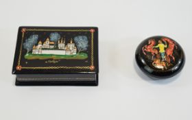 Two Various Small Russian Lacquer Boxes, one, rectangular, 3.5 inches x 2.