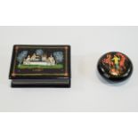 Two Various Small Russian Lacquer Boxes, one, rectangular, 3.5 inches x 2.