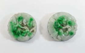 2 Jadeite Stone Talismans Carved In High Relief Depicting 2 Stylised Dragons,