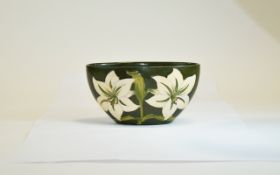 Moorcroft Tube lined Narrow Bowl ' Bermuda Lily ' Design on Green Ground. c.1970's.