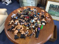 Box Containing A Quantity Of Wrestling Figures & WF Beanie Bear