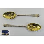 George III Pair of Very Fine Silver Serving Berry Fruit Spoons, In Original Period Case.