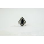 Silver Marcasite Ring Attractive ring with central oval black stone and ornate marcasite surround