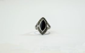 Silver Marcasite Ring Attractive ring with central oval black stone and ornate marcasite surround