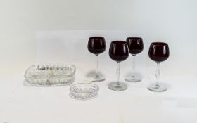 Set of Four Ruby Hock Glasses with clear stems,