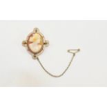 Ladies 9ct Gold Mounted Cameo of a Classical Lady, Marked 9ct with Attached Safety Chain,