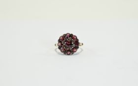 9ct Gold Dress Ring, Silver Mount Set With Garnet Coloured Cluster, 9ct Gold Shank,