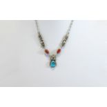 Navajo Sterling Silver Turquoise Necklace Signed 'AM' Approx 18" Chain With Floral Design,