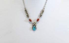Navajo Sterling Silver Turquoise Necklace Signed 'AM' Approx 18" Chain With Floral Design,