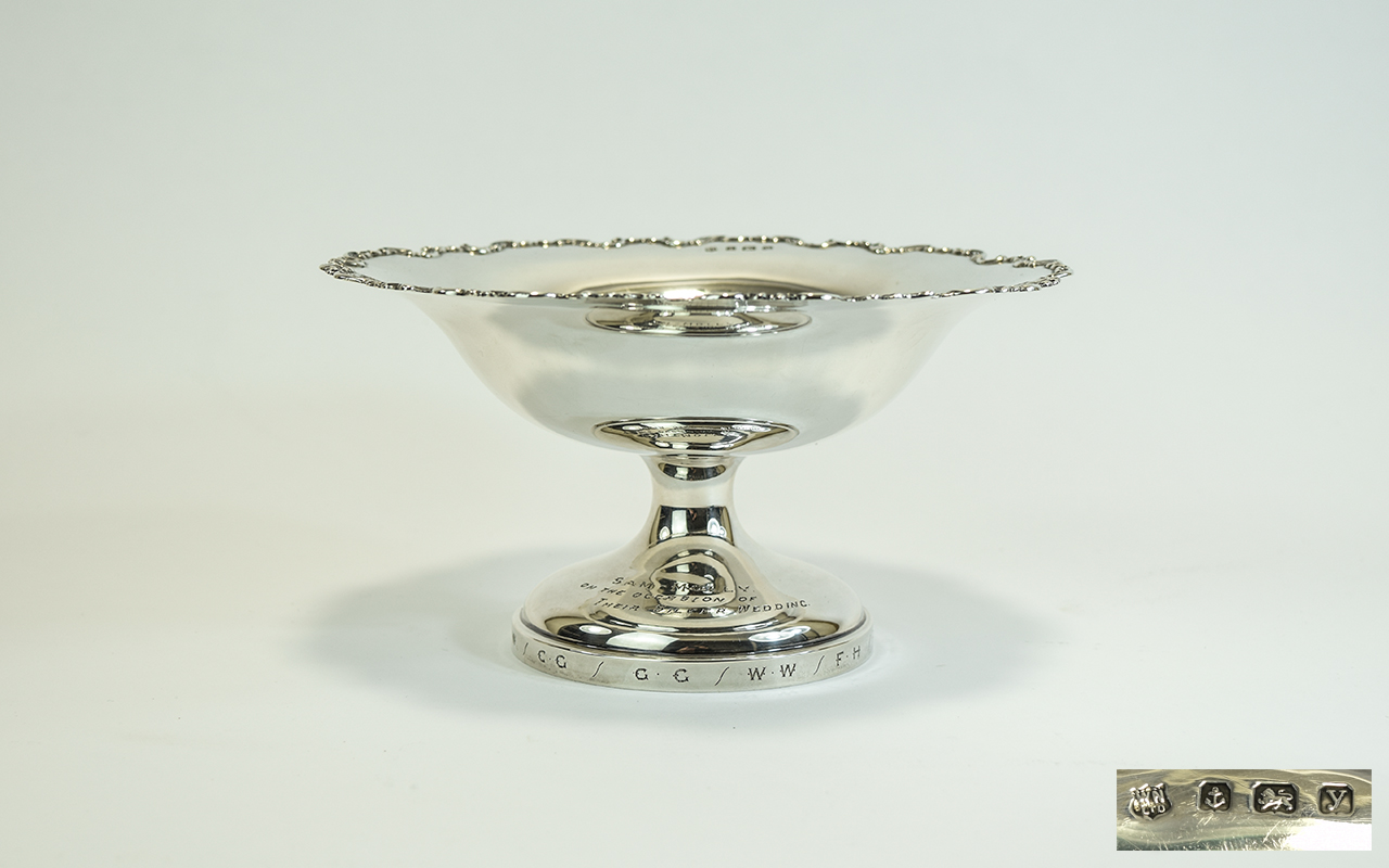 George V Silver Pedestal Bowl with Fancy Ornate Embossed Shaped Border on Circular Base.