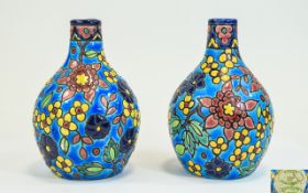 Longwy - Pair of Late 19th Century Small Bottled Shaped Vases.