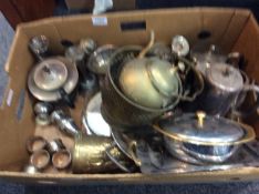 Box Of Silver Plated & Brass Ware, Comprising Tea Service, Trays,