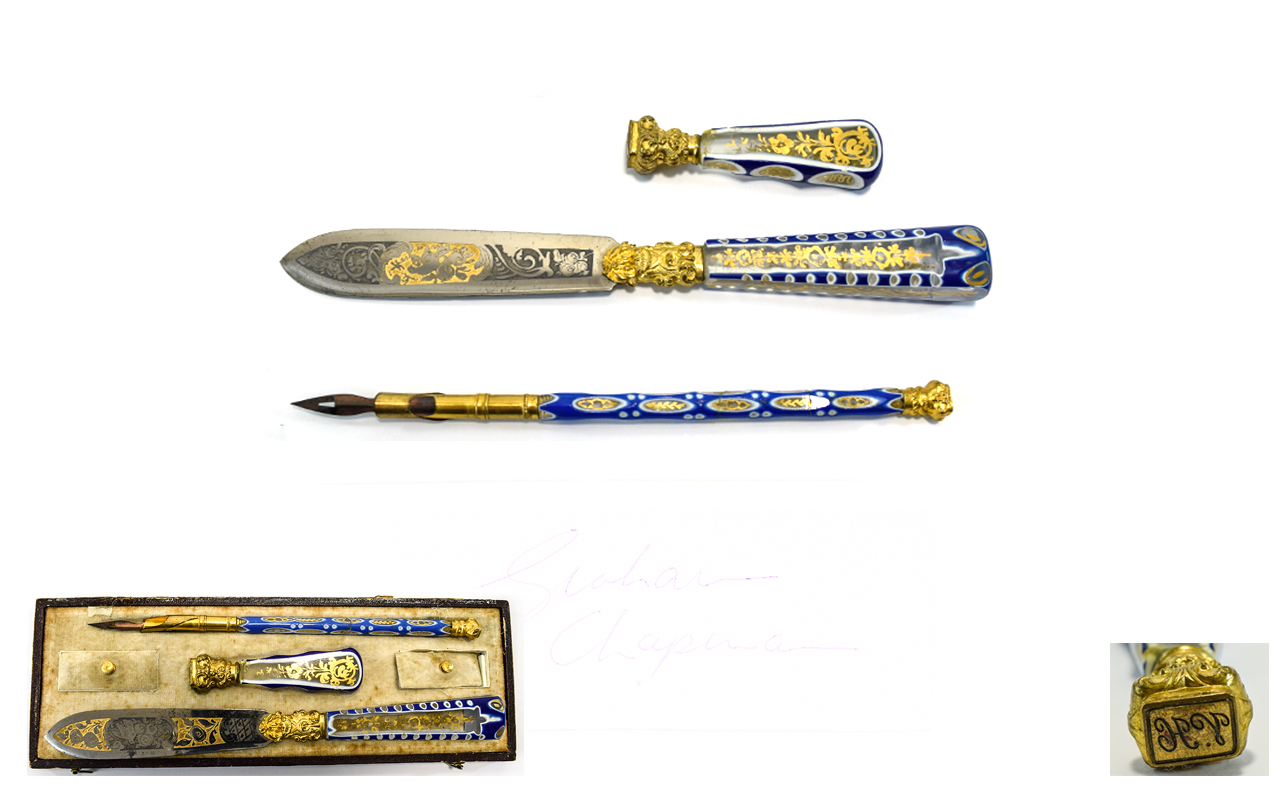 Liberty Antique and Boxed Three Piece Pen Set of very fine quality, comprising dip-pen, seal,