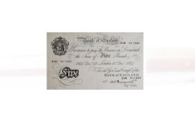 Bank of England White Five Pound Note, Dated Dec 13th 1944, No E88 011383. Chief Cashier K.