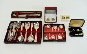 A Small Mixed Lot of Cutlery and Cufflinks Comprising A Boxed Silver Handled Cheese Knife Fully