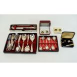 A Small Mixed Lot of Cutlery and Cufflinks Comprising A Boxed Silver Handled Cheese Knife Fully