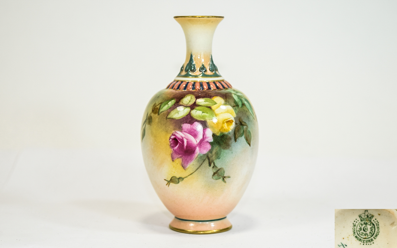 Royal Worcester Hand Painted Small Vase ' Roses ' Stillife, Date 1909 & Shape 286. Unsigned, 4.