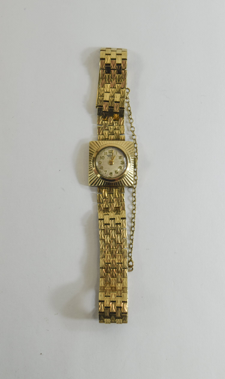 Art Deco Style Ladies Techno's 9ct Gold Watch With Integral 9ct Gold Brick Pattern Bracelet and