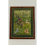 Framed Oriental Painting on Silk depicting a Japanese Animal Hunting scene with vibrant colouring