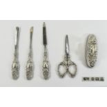 Edward VII Very Fine and Ornate Silver 5 Piece Manicure Set with Heavily Embossed Decoration.