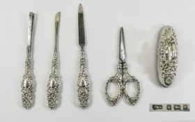 Edward VII Very Fine and Ornate Silver 5 Piece Manicure Set with Heavily Embossed Decoration.