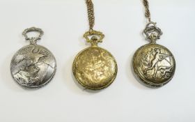 3 Decorative Hunter Pocket Watches One Gilt Metal Floral Design, One Eagle,