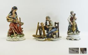 Three Capodimonte Figurines Marked to base with five pronged crown and 'N' Features a female figure