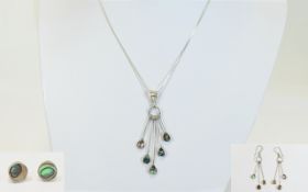 Silver Abalone Earring & Necklace Set Stamped BB With Flower Between & 925 On Clasp, 16" Chain,