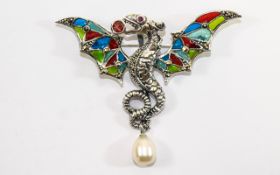 Silver Enamel Dragon Brooch with pearl drop.