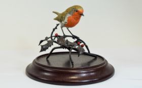 Coalport Hand Painted Ceramic and Metal Bird Figure ' Robin ' Perched on a Holly Branch,