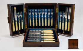 Victorian Nice Quality Mahogany / Cased Box - Containing 24 Piece Ivory Handle and Chased Steel Set