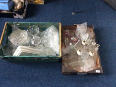 Two Boxes of Assorted Glass Ware including vases, ornaments, decanters,