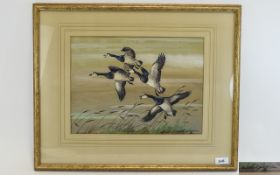 Rulston Gudgeon Scottish Artist 1910 - 1984 ' Canadian Geese In Flight ' Watercolour. Signed,