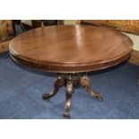 Victorian Mahogany Hall/Breakfast Table Circular Top Raised On Turned Quatrefoil Base, Cabriole Legs